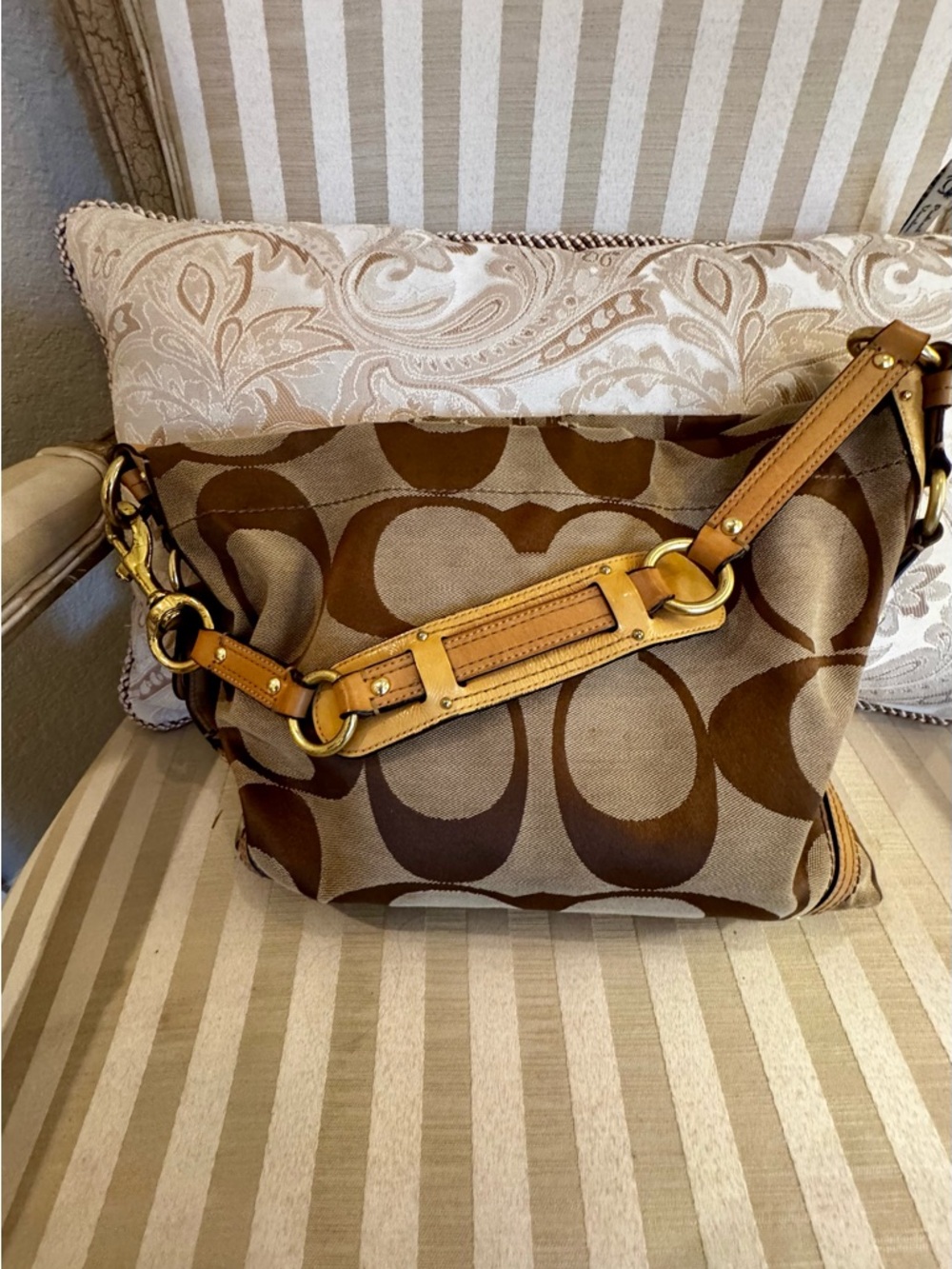 Coach Brown Signature Canvas Shoulder Bag with Tan Leather Trim